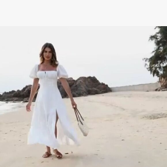 Summer Puff Sleeve Floral Split Maxi Dress White 2XL - Picture 6 of 13